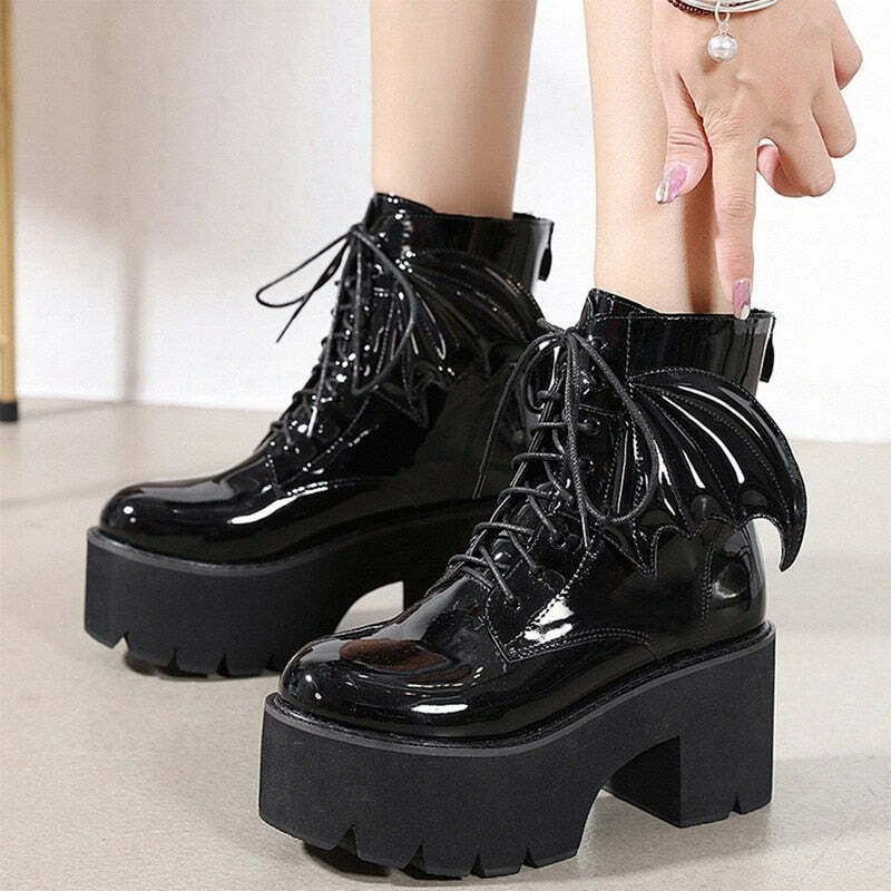 Y2K Gothic Demon Wings Ankle Boots - Retro 90s Grunge, Pastel Goth, Y2K Club & Party Outfits