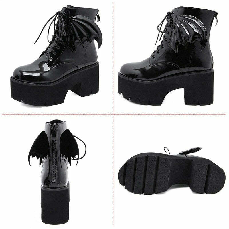 Y2K Gothic Demon Wings Ankle Boots - Retro 90s Grunge, Pastel Goth, Y2K Club & Party Outfits