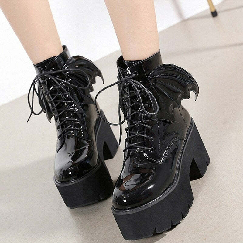 Y2K Gothic Demon Wings Ankle Boots - Retro 90s Grunge, Pastel Goth, Y2K Club & Party Outfits