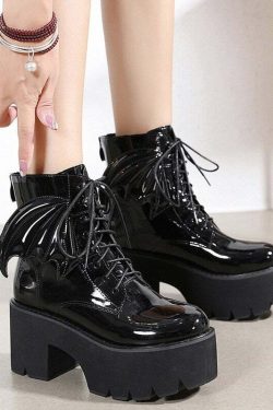 Y2K Gothic Demon Wings Ankle Boots - Retro 90s Grunge, Pastel Goth, Y2K Club & Party Outfits