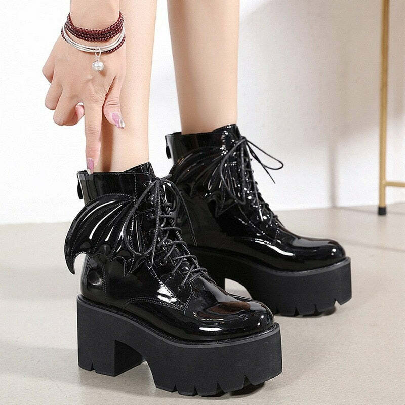 Y2K Gothic Demon Wings Ankle Boots - Retro 90s Grunge, Pastel Goth, Y2K Club & Party Outfits