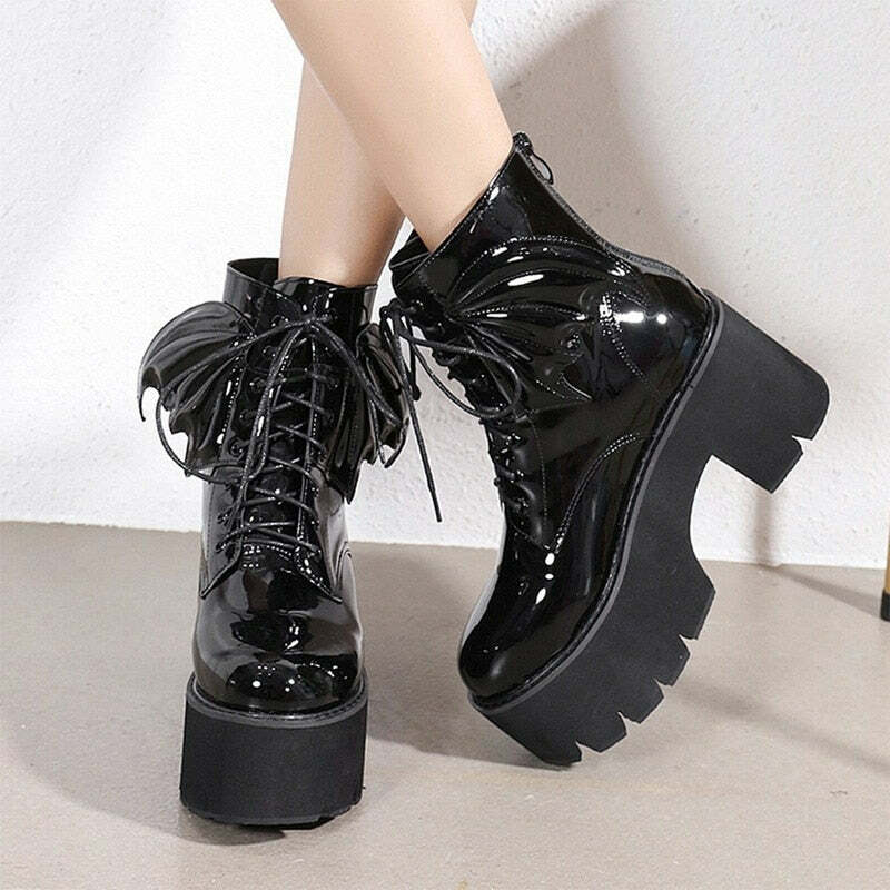 Y2K Gothic Demon Wings Ankle Boots - Retro 90s Grunge, Pastel Goth, Y2K Club & Party Outfits