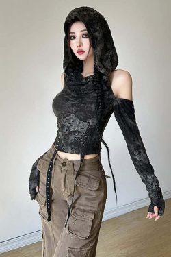 Y2K Gothic Distressed Hooded Long Sleeve Top - Retro 90s Grunge Fashion for Summer Outfits
