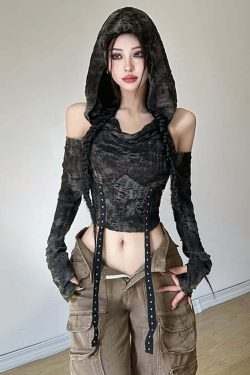 Y2K Gothic Distressed Hooded Long Sleeve Top - Retro 90s Grunge Fashion for Summer Outfits