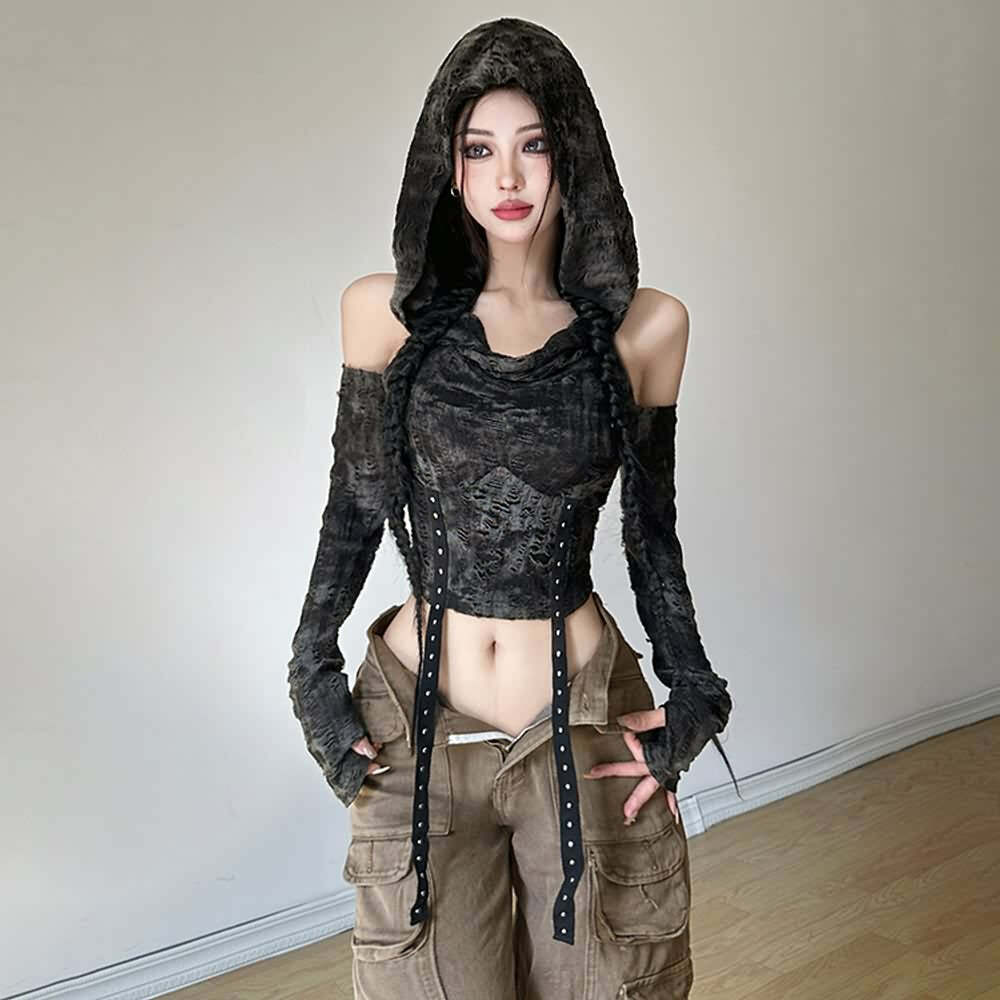 Y2K Gothic Distressed Hooded Long Sleeve Top - Retro 90s Grunge Fashion for Summer Outfits
