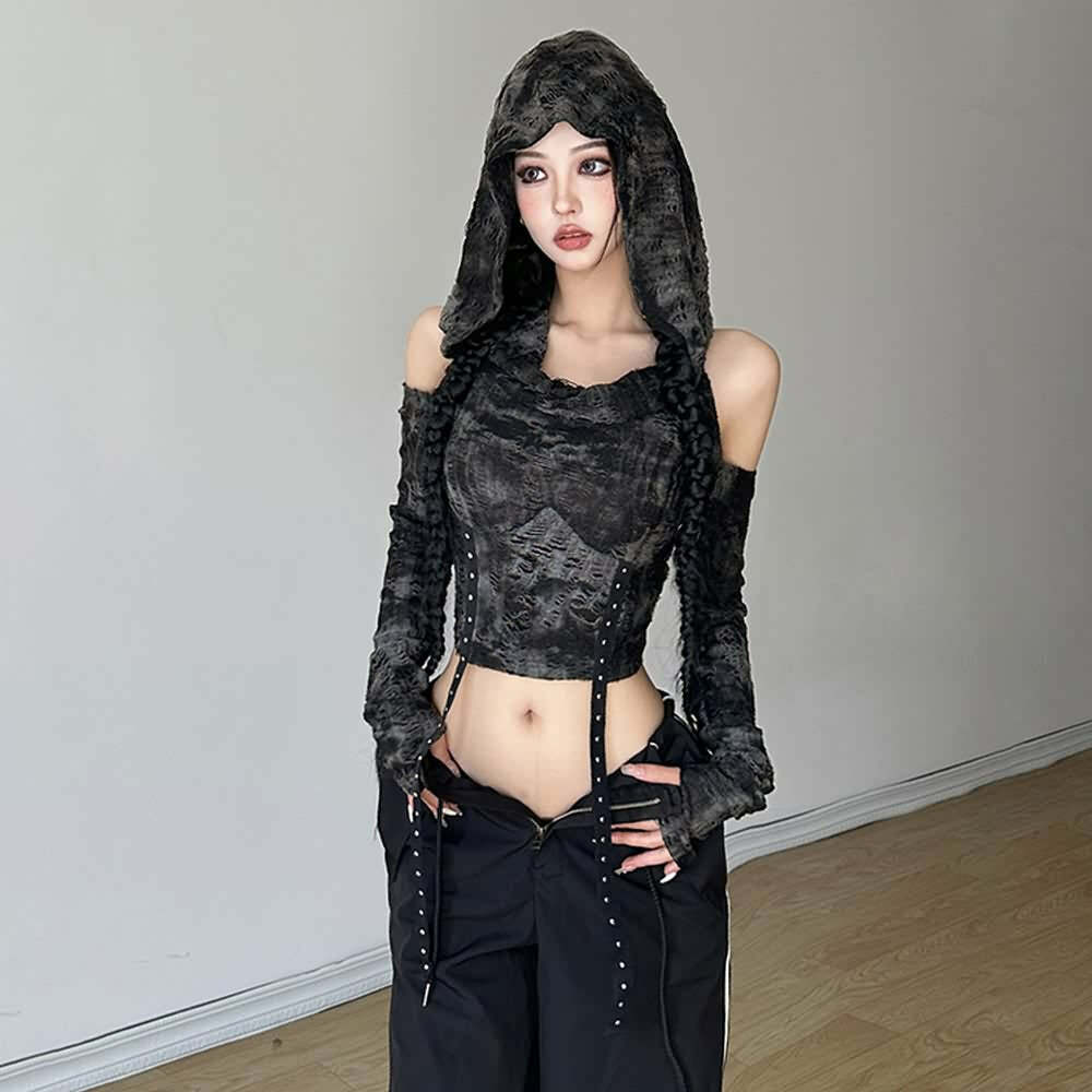 Y2K Gothic Distressed Hooded Long Sleeve Top - Retro 90s Grunge Fashion for Summer Outfits