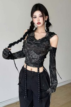 Y2K Gothic Distressed Hooded Long Sleeve Top - Retro 90s Grunge Fashion for Summer Outfits