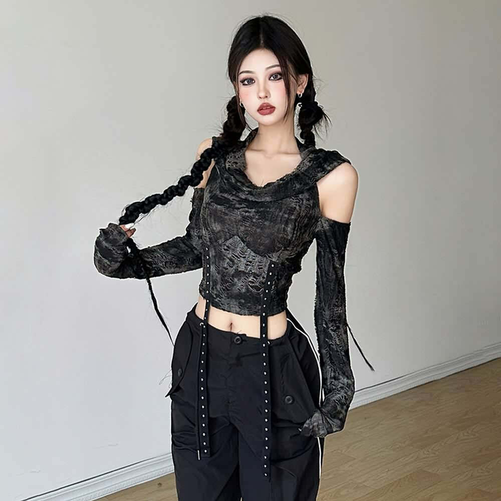 Y2K Gothic Distressed Hooded Long Sleeve Top - Retro 90s Grunge Fashion for Summer Outfits