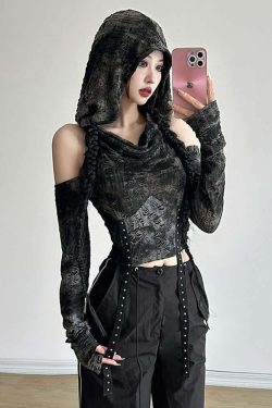 Y2K Gothic Distressed Hooded Long Sleeve Top - Retro 90s Grunge Fashion for Summer Outfits