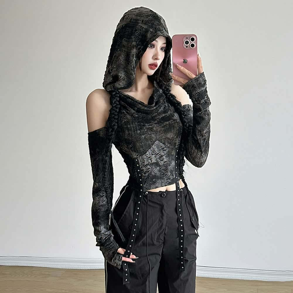 Y2K Gothic Distressed Hooded Long Sleeve Top - Retro 90s Grunge Fashion for Summer Outfits