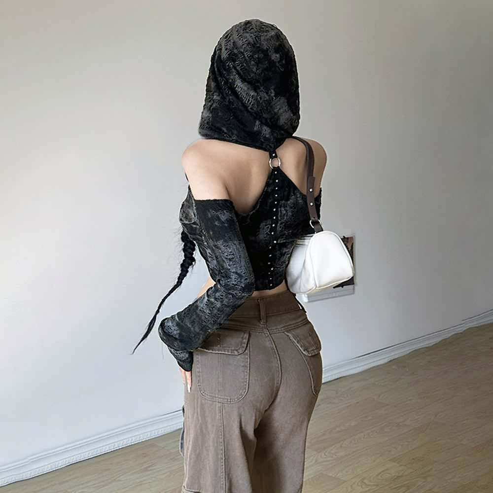 Y2K Gothic Distressed Hooded Long Sleeve Top - Retro 90s Grunge Fashion for Summer Outfits