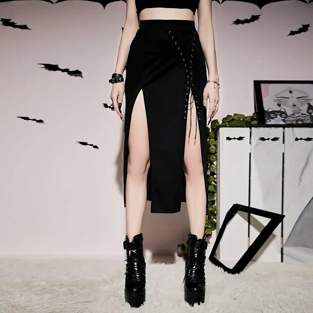 Y2K Gothic Eyelet Lace-Up Slit Midi Skirt - Retro 90s Grunge Summer Outfit