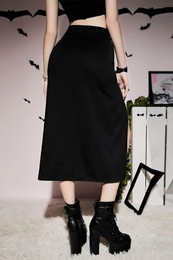 Y2K Gothic Eyelet Lace-Up Slit Midi Skirt - Retro 90s Grunge Summer Outfit