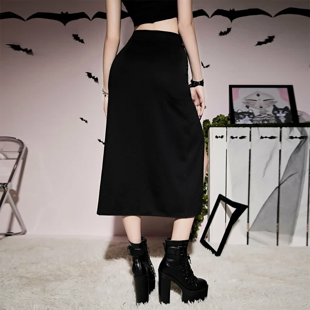 Y2K Gothic Eyelet Lace-Up Slit Midi Skirt - Retro 90s Grunge Summer Outfit