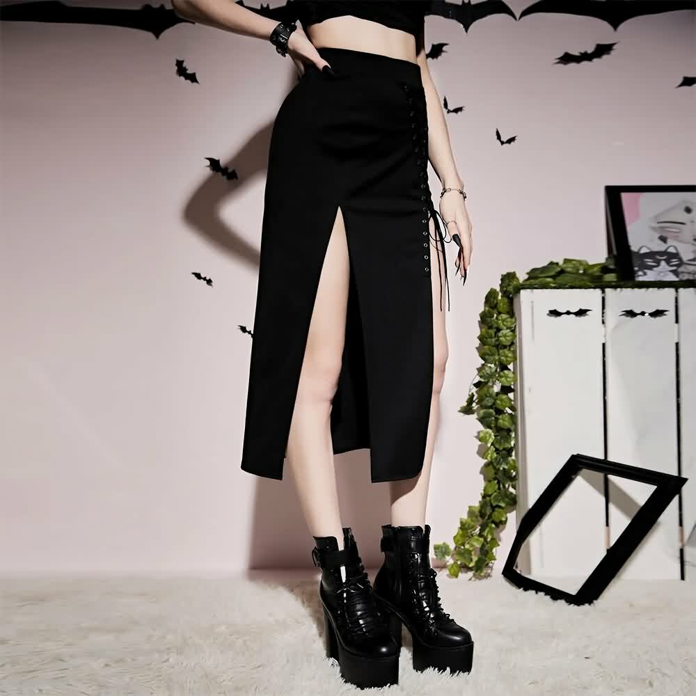 Y2K Gothic Eyelet Lace-Up Slit Midi Skirt - Retro 90s Grunge Summer Outfit