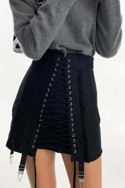 Y2K Gothic Eyelet Lace Up Corset Skirt - Retro 90s Grunge Summer Outfit for Women