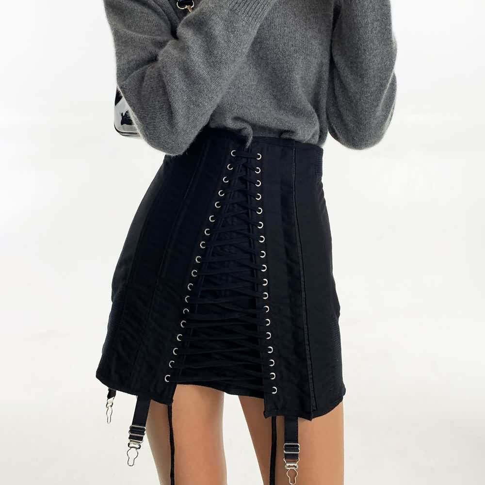 Y2K Gothic Eyelet Lace Up Corset Skirt - Retro 90s Grunge Summer Outfit for Women
