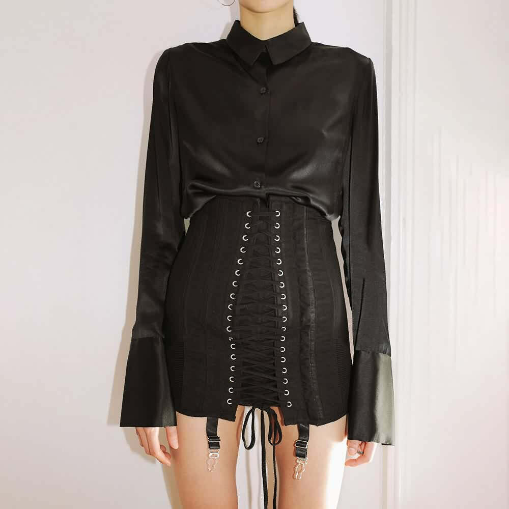 Y2K Gothic Eyelet Lace Up Corset Skirt - Retro 90s Grunge Summer Outfit for Women