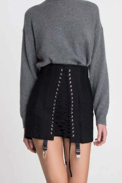 Y2K Gothic Eyelet Lace Up Corset Skirt - Retro 90s Grunge Summer Outfit for Women