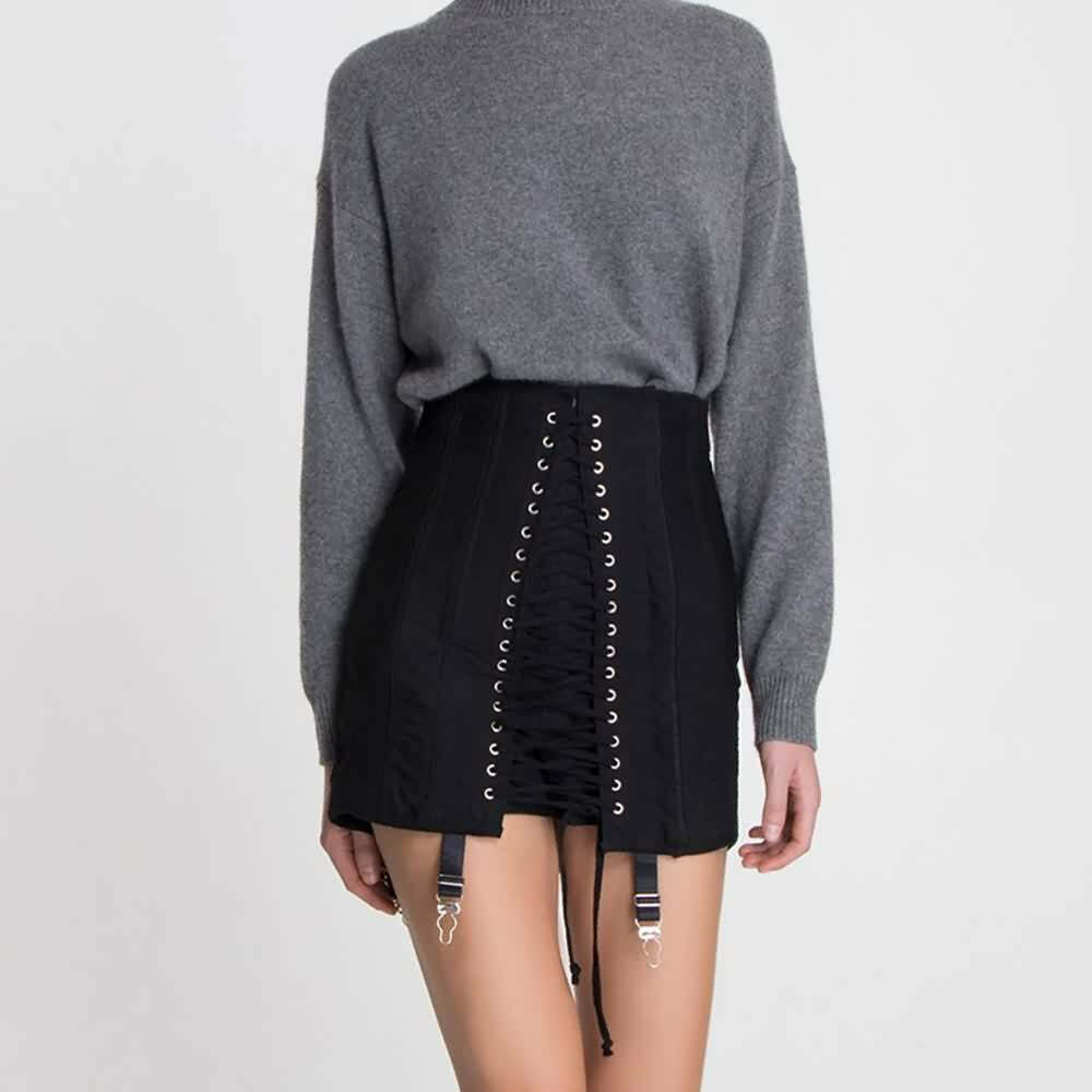 Y2K Gothic Eyelet Lace Up Corset Skirt - Retro 90s Grunge Summer Outfit for Women