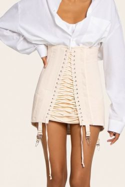 Y2K Gothic Eyelet Lace Up Corset Skirt - Retro 90s Grunge Summer Outfit for Women