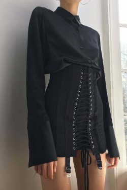 Y2K Gothic Eyelet Lace Up Corset Skirt - Retro 90s Grunge Summer Outfit for Women