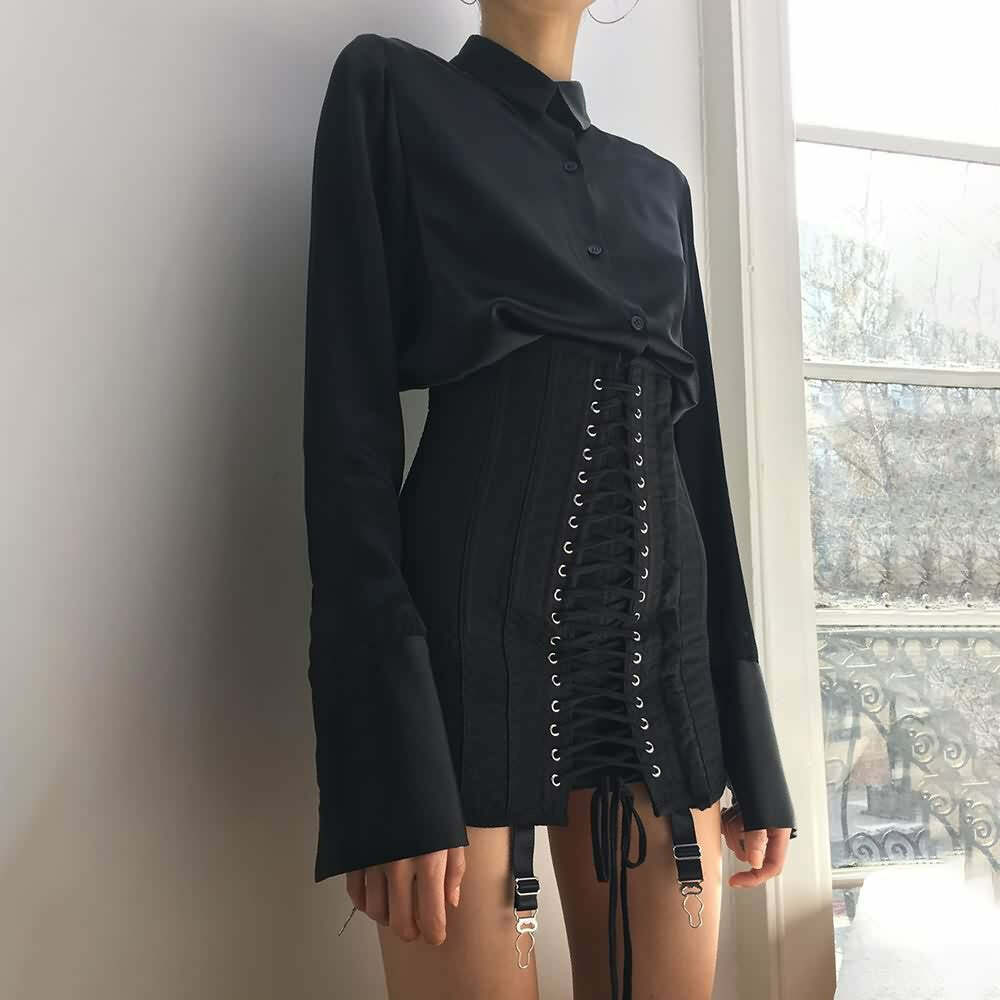 Y2K Gothic Eyelet Lace Up Corset Skirt - Retro 90s Grunge Summer Outfit for Women