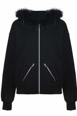 Y2K Gothic Faux Fur Zip Up Hoodie - Retro 90s Grunge Fashion, Perfect for Y2K Summer Outfits
