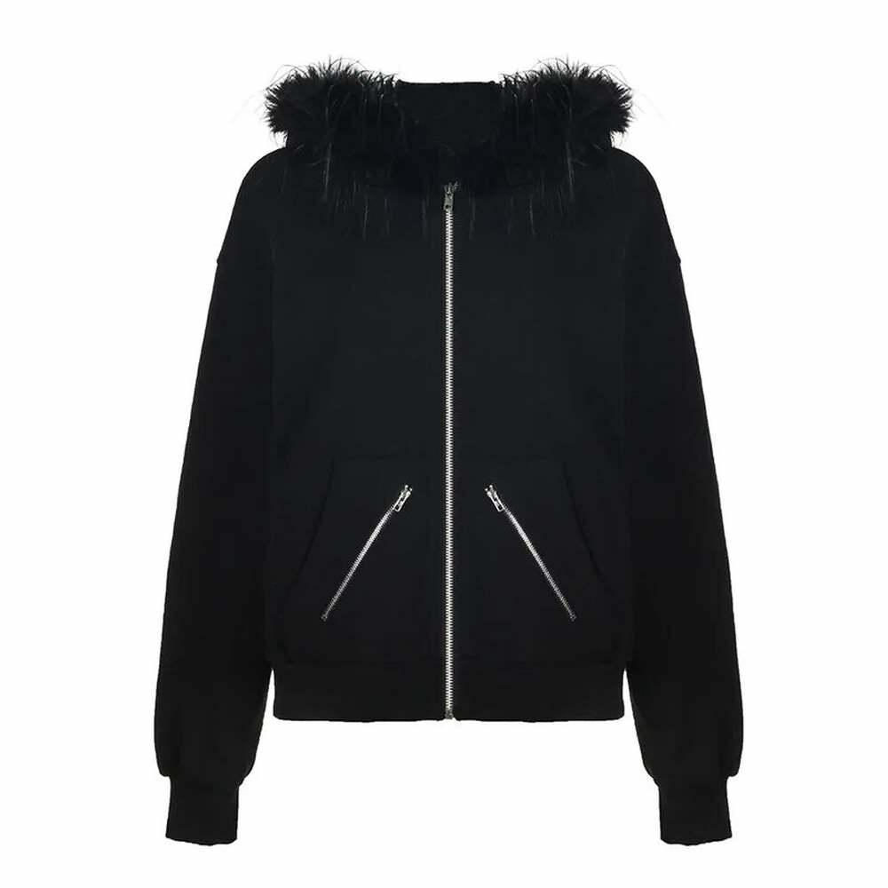 Y2K Gothic Faux Fur Zip Up Hoodie - Retro 90s Grunge Fashion, Perfect for Y2K Summer Outfits