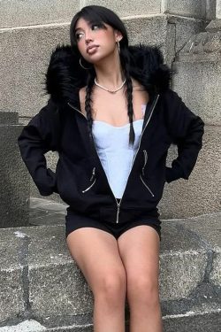 Y2K Gothic Faux Fur Zip Up Hoodie - Retro 90s Grunge Fashion, Perfect for Y2K Summer Outfits
