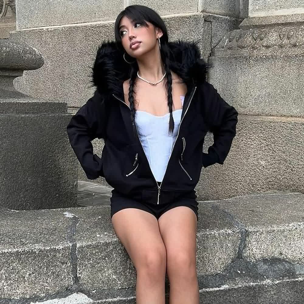 Y2K Gothic Faux Fur Zip Up Hoodie - Retro 90s Grunge Fashion, Perfect for Y2K Summer Outfits