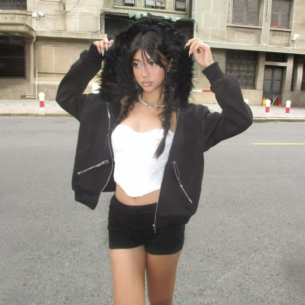 Y2K Gothic Faux Fur Zip Up Hoodie - Retro 90s Grunge Fashion, Perfect for Y2K Summer Outfits