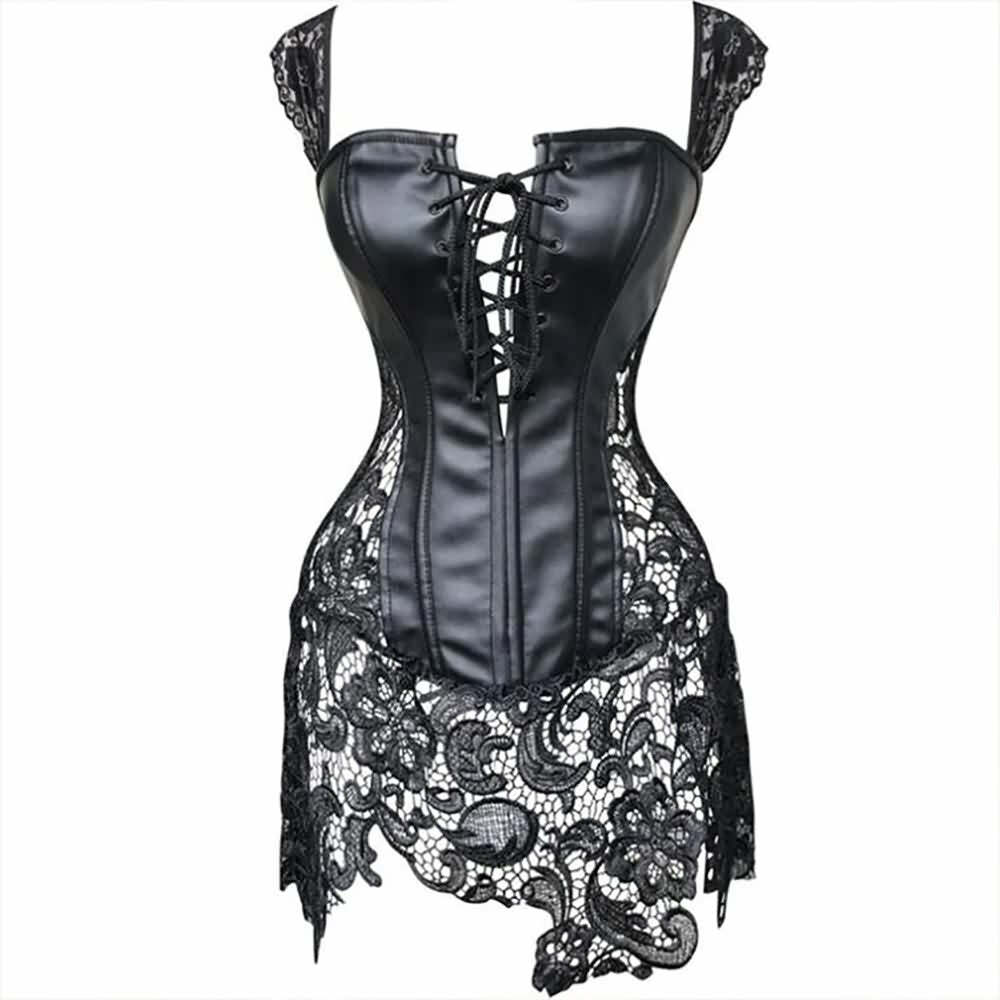 Y2K Gothic Faux Leather & Lace Corset Bustier Dress - 90s Grunge, Retro, Party Outfit