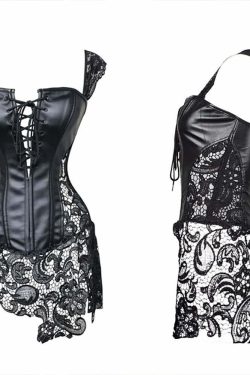 Y2K Gothic Faux Leather & Lace Corset Bustier Dress - 90s Grunge, Retro, Party Outfit