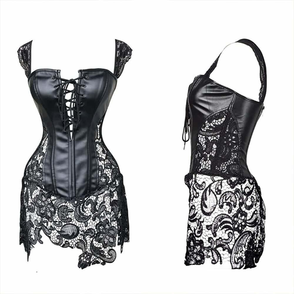 Y2K Gothic Faux Leather & Lace Corset Bustier Dress - 90s Grunge, Retro, Party Outfit