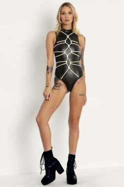 Y2K Gothic Faux Leather High Neck Bodysuit - Retro 90s Grunge Summer Party Outfit