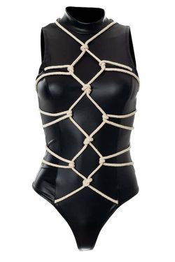 Y2K Gothic Faux Leather High Neck Bodysuit - Retro 90s Grunge Summer Party Outfit