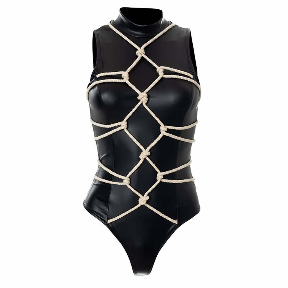 Y2K Gothic Faux Leather High Neck Bodysuit - Retro 90s Grunge Summer Party Outfit