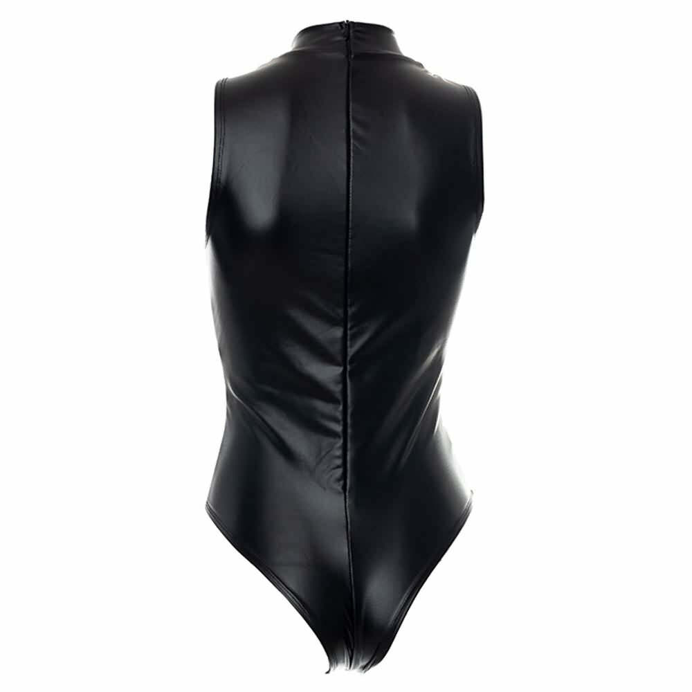 Y2K Gothic Faux Leather High Neck Bodysuit - Retro 90s Grunge Summer Party Outfit
