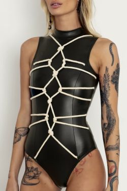 Y2K Gothic Faux Leather High Neck Bodysuit - Retro 90s Grunge Summer Party Outfit
