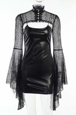 Y2K Gothic Faux Leather Punk Dress with Mesh Bell Sleeve Shrug - Retro 90s Grunge Outfit