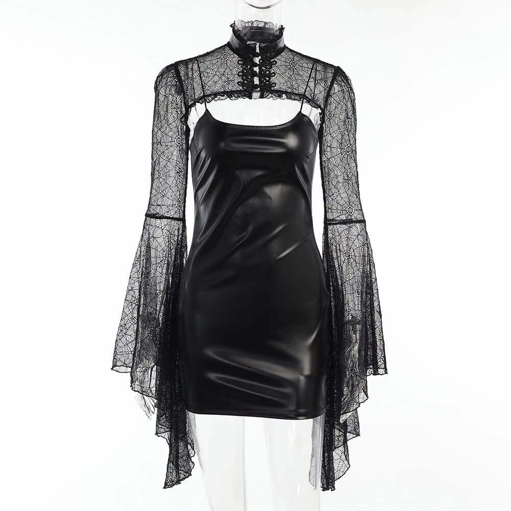 Y2K Gothic Faux Leather Punk Dress with Mesh Bell Sleeve Shrug - Retro 90s Grunge Outfit