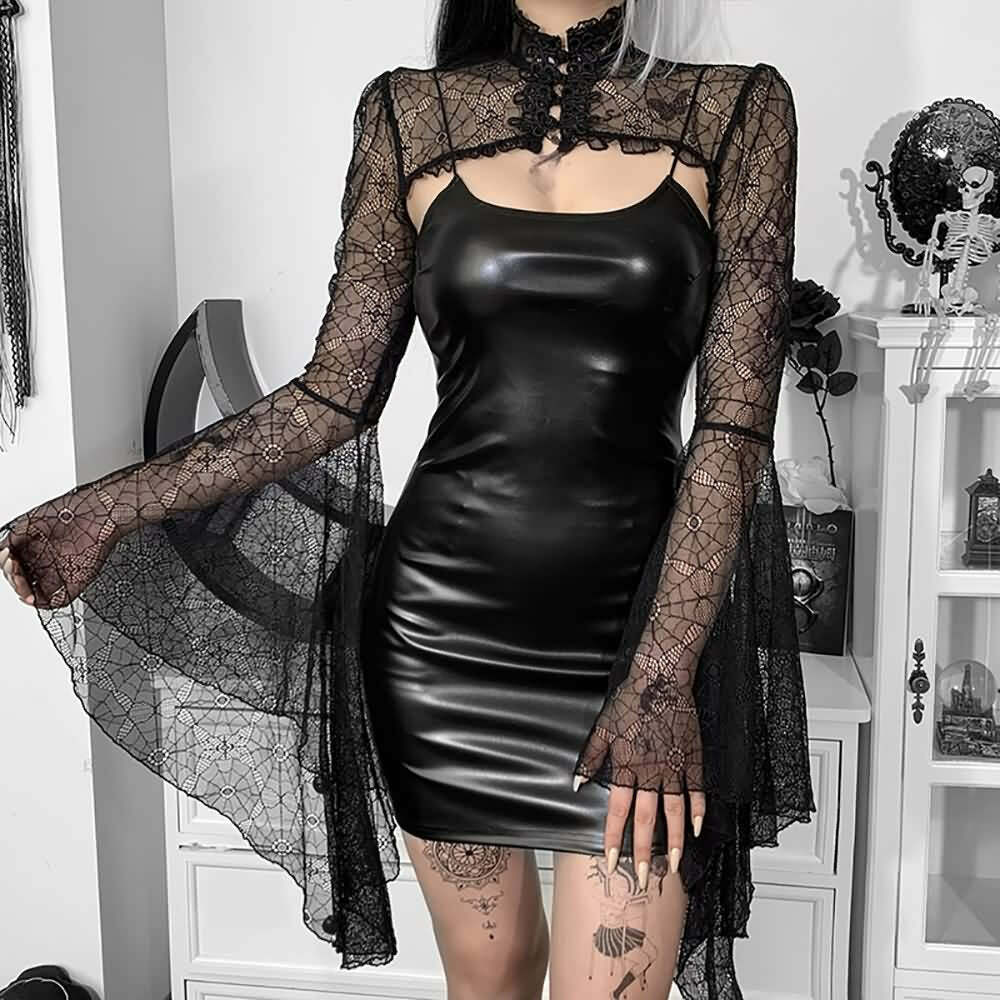 Y2K Gothic Faux Leather Punk Dress with Mesh Bell Sleeve Shrug - Retro 90s Grunge Outfit