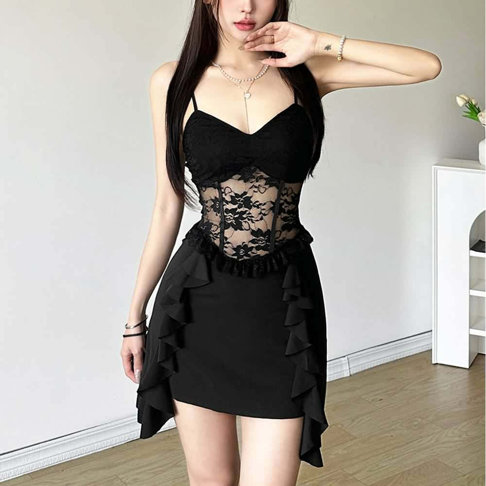 Y2K Gothic Floral Mesh Ruffle Mini Dress - 90s Grunge Summer Outfit, Retro Party Fashion