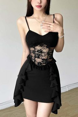 Y2K Gothic Floral Mesh Ruffle Mini Dress - 90s Grunge Summer Outfit, Retro Party Fashion