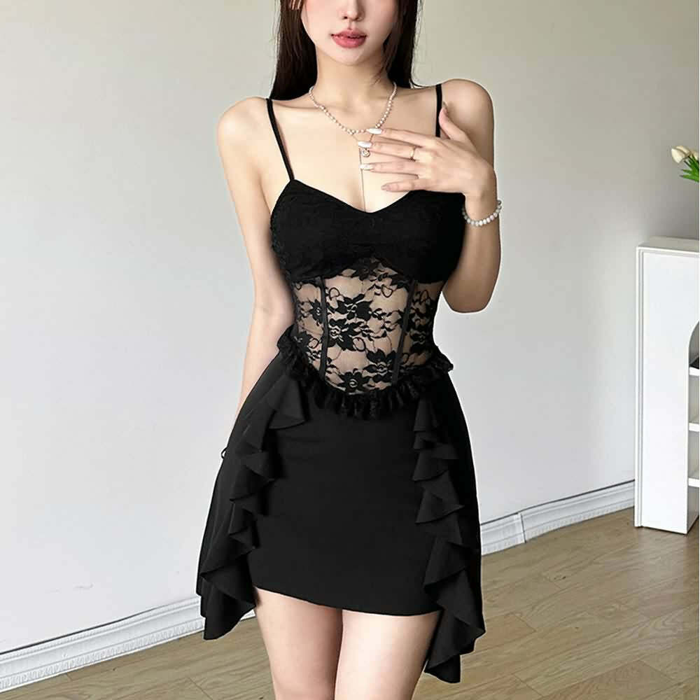 Y2K Gothic Floral Mesh Ruffle Mini Dress - 90s Grunge Summer Outfit, Retro Party Fashion