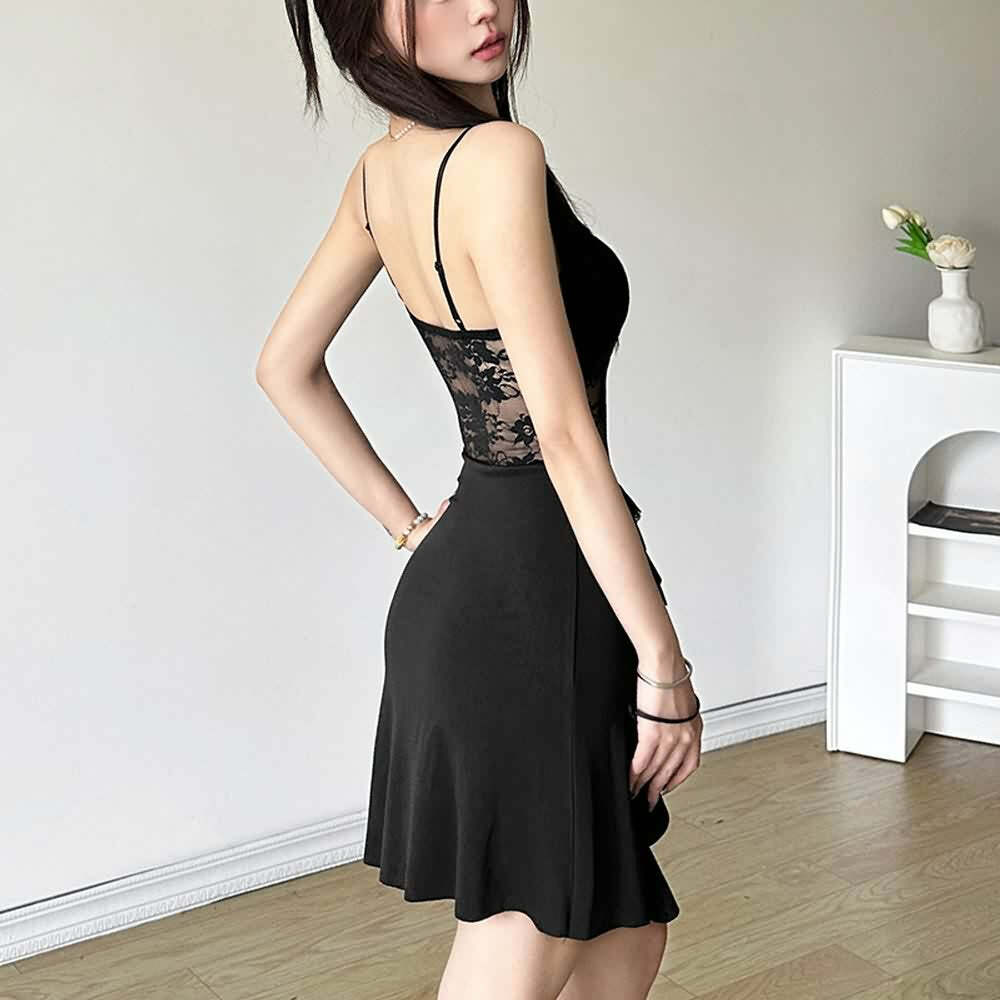 Y2K Gothic Floral Mesh Ruffle Mini Dress - 90s Grunge Summer Outfit, Retro Party Fashion