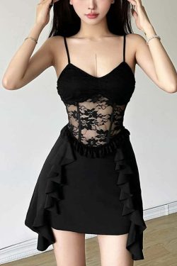 Y2K Gothic Floral Mesh Ruffle Mini Dress - 90s Grunge Summer Outfit, Retro Party Fashion
