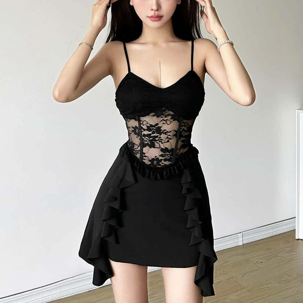 Y2K Gothic Floral Mesh Ruffle Mini Dress - 90s Grunge Summer Outfit, Retro Party Fashion