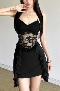 Y2K Gothic Floral Mesh Ruffle Mini Dress - 90s Grunge Summer Outfit, Retro Party Fashion